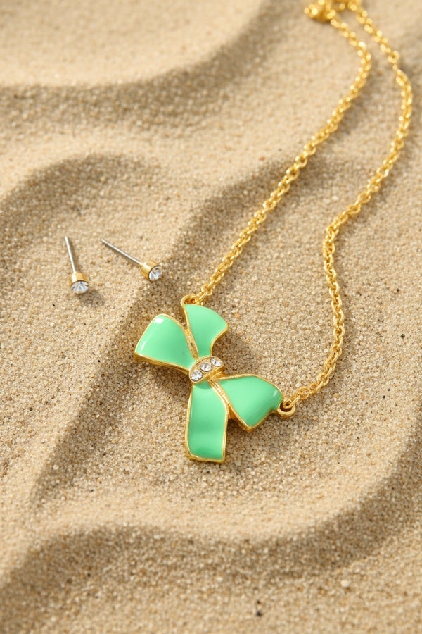 Gold Bow Necklace & Crystal Earrings Set — 16 Inch