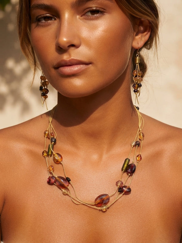Amber Beaded Layered Necklace & Earrings Set — Gold Tone