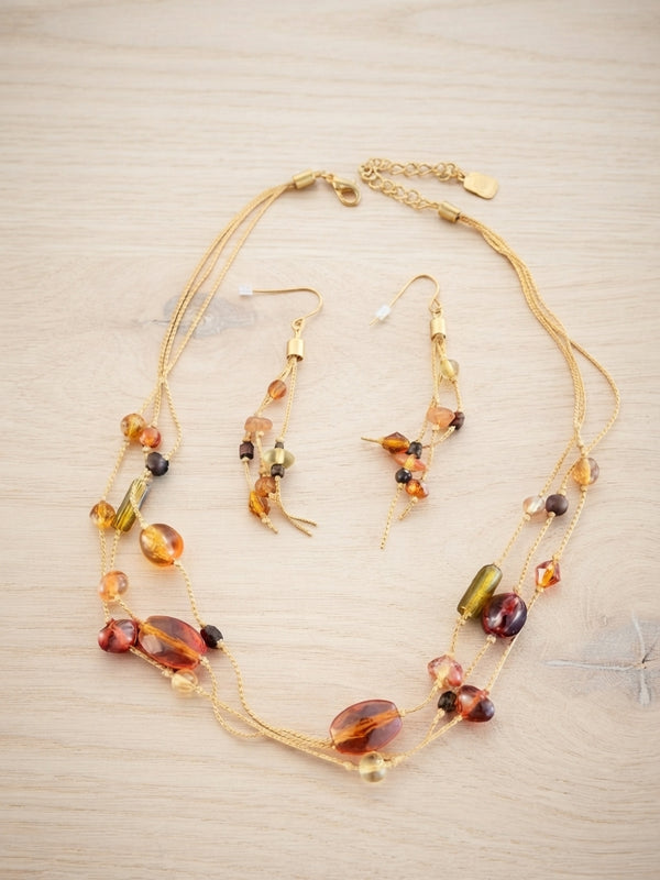 Amber Beaded Layered Necklace & Earrings Set — Gold Tone