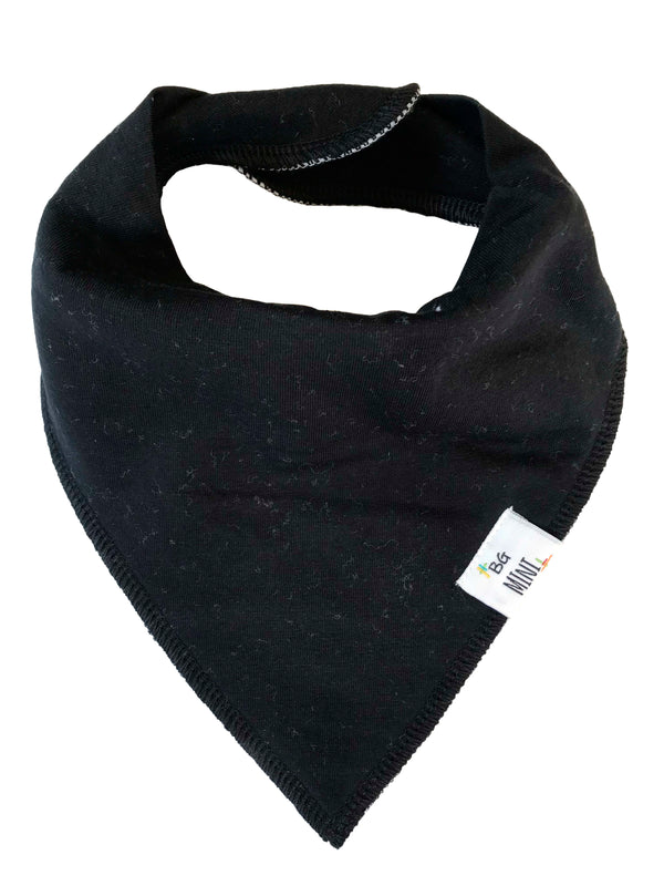 A black bandana-style bib with a label on the bottom right corner.