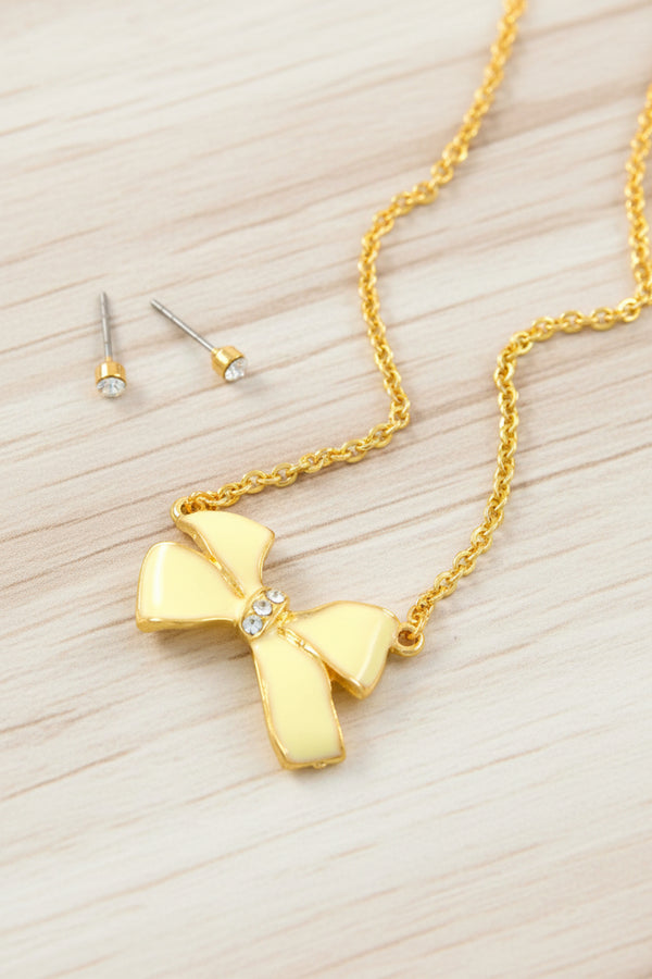Gold Bow Necklace & Crystal Earrings Set — 16 Inch