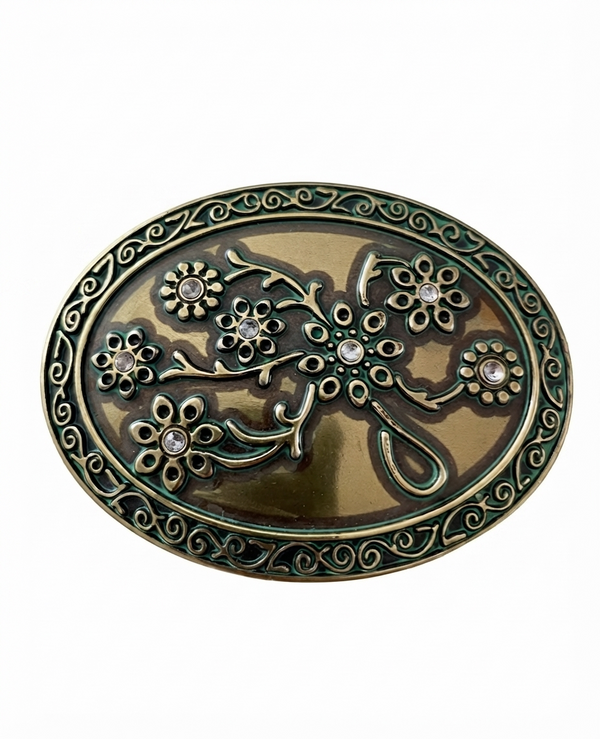 Antique Brass Floral Cross Rhinestone Western Belt Buckle