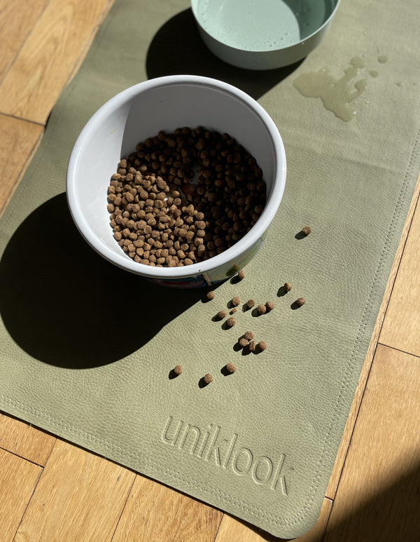 Hunter green and tan uniklook vegan leather pet placemat for pet food on it 