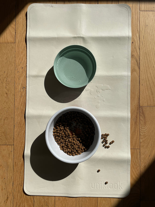 Double-Sided Vegan Leather Pet Food Mat — Cream & Terra | 30 x 16 in