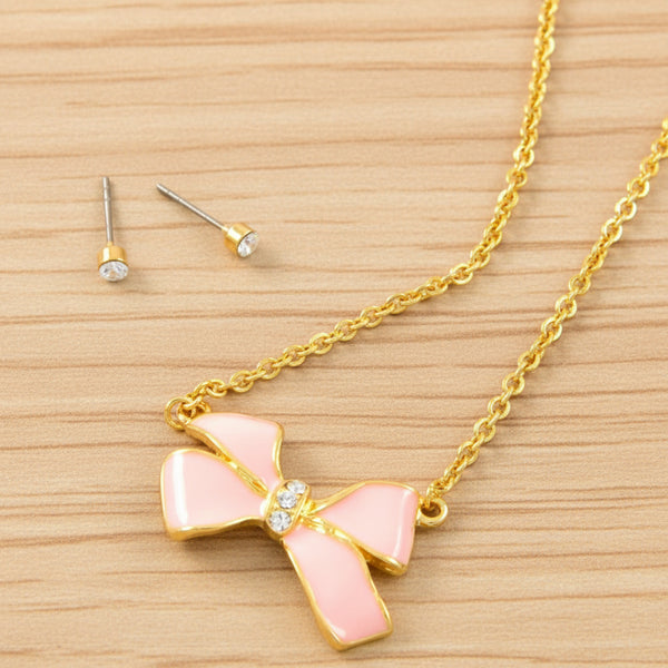 Gold Bow Necklace & Crystal Earrings Set — 16 Inch