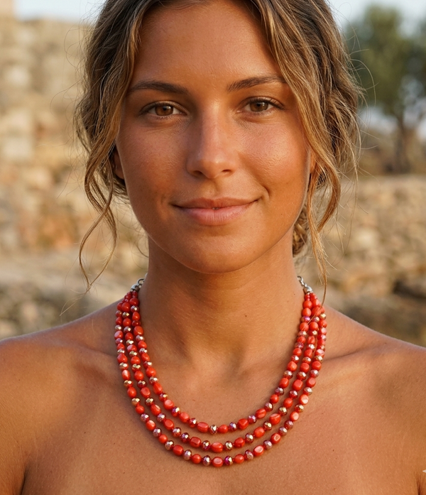 Woman wearing a red beaded necklace with a blurred natural background