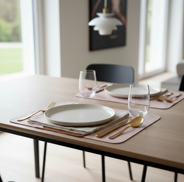 Dining table set with plates, glasses, and cutlery in a modern kitchen.