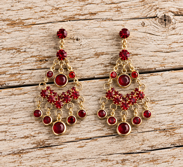 Ruby red rhinestone chandelier earrings on pale barnwood
