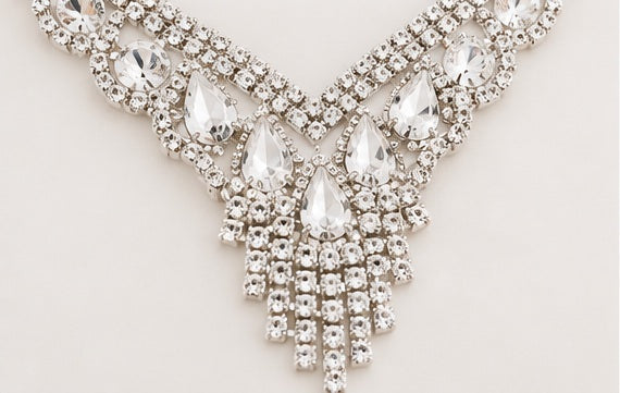 Silver crystal V-shaped necklace close-up