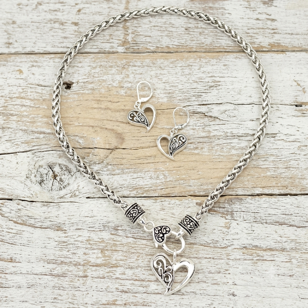 Heart Charm Wheat Chain Necklace & Earrings Set