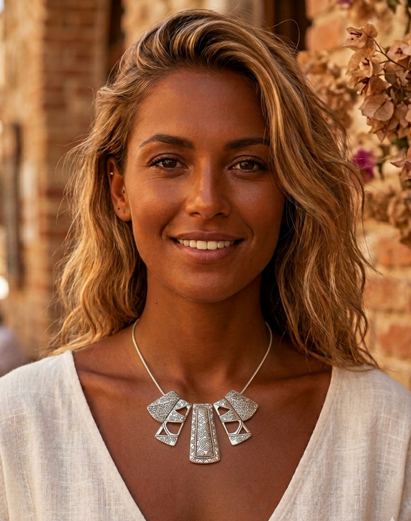 Antique Silver Etched Tribal Bib Statement Necklace — 16 Inch