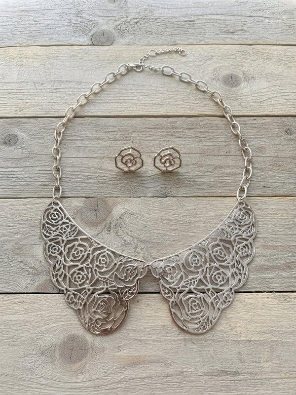 Silver Rose Filigree Statement Collar & Earring Set