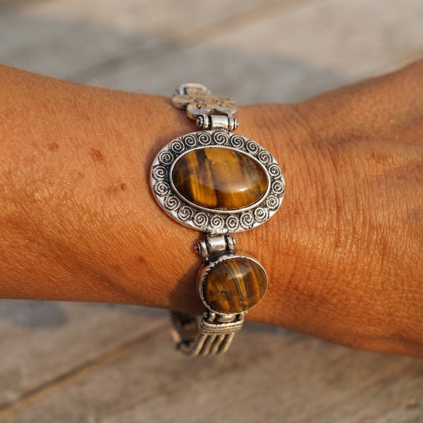 Tiger's Eye Antique Silver Statement Bracelet — 7.5 Inch