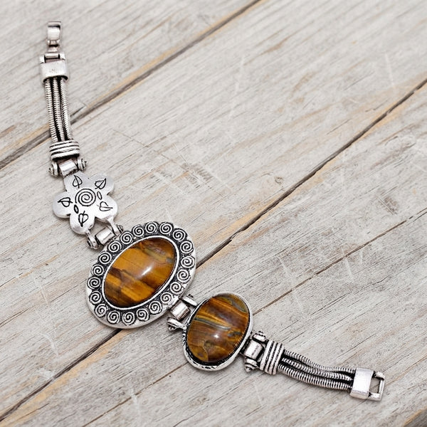 Tiger's Eye Antique Silver Statement Bracelet — 7.5 Inch