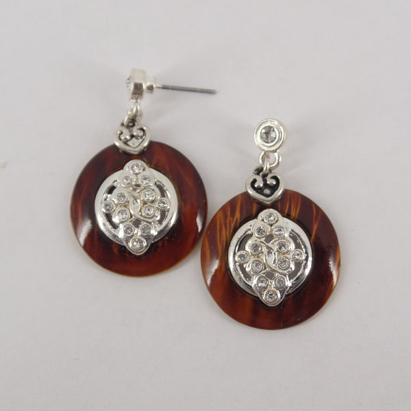 Original angled view of brown tortoiseshell-style earrings and post-back closure