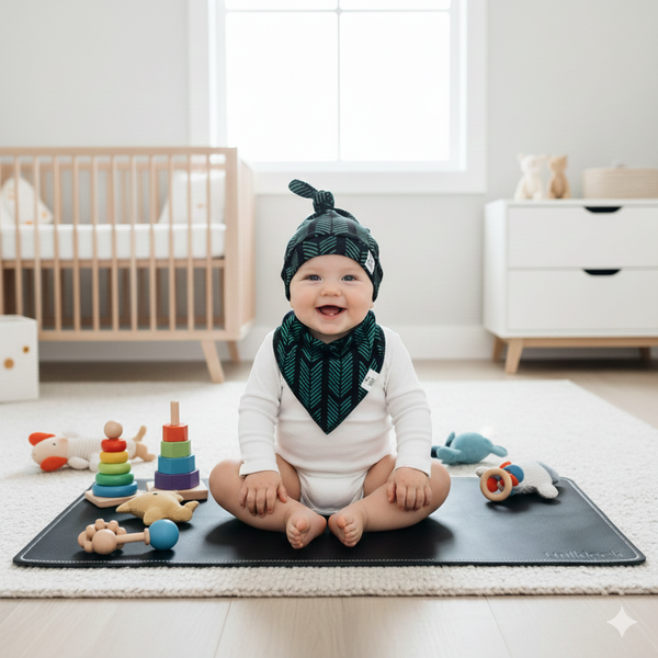 Baby sitting on a play mat with toys in a nursery