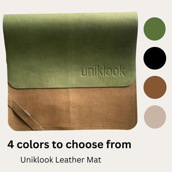 Green and brown leather mat with 'uniklook' branding, color swatches on the side.