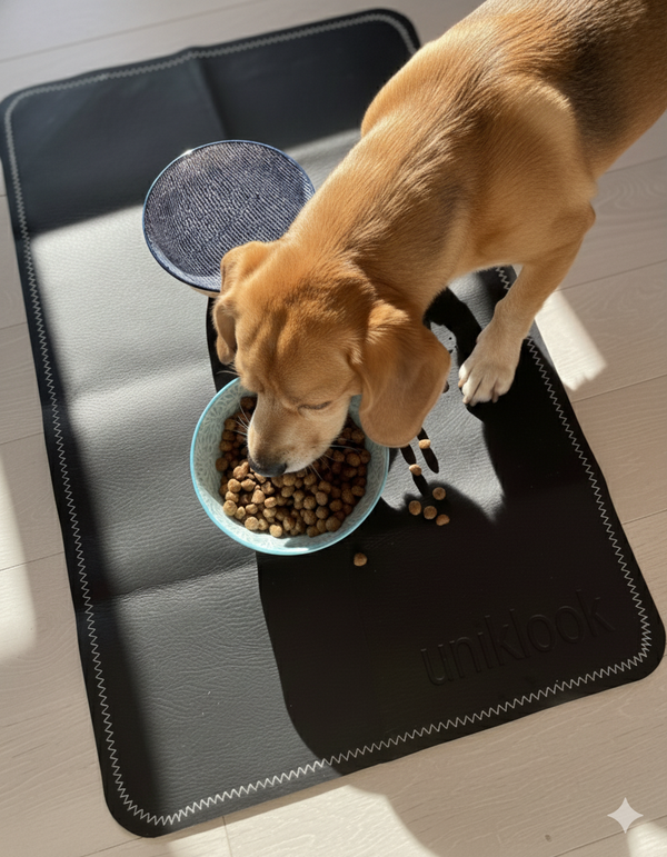 Dog eating from a bowl on a black mat with 'uniflow' branding.