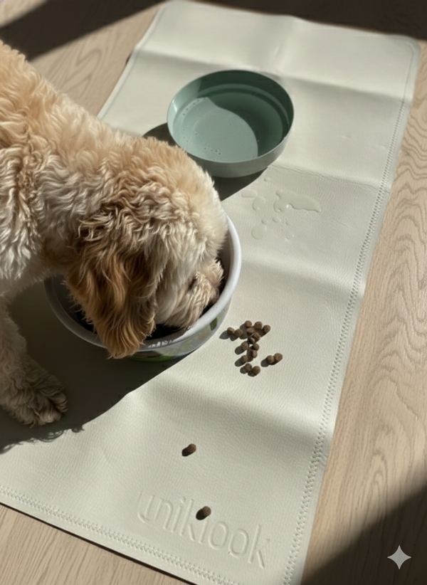Dog eating from a bowl on a 'unikook' mat with another bowl in the background.