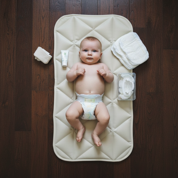Baby lying on a quilted mat with diaper changing supplies on a wooden floor.