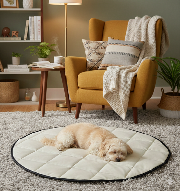 Dog lying on a round pet bed in a cozy living room with a yellow armchair and a lamp.