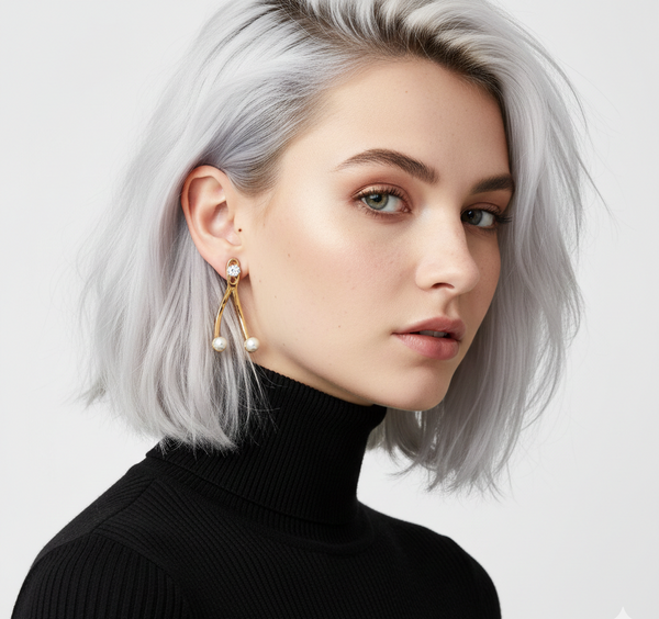 Woman with silver hair wearing a black turtleneck and pearl earrings on a white background