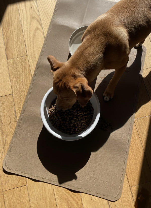 Double-Sided Vegan Leather Pet Food Mat — Tan & Gray | 30 x 16 in
