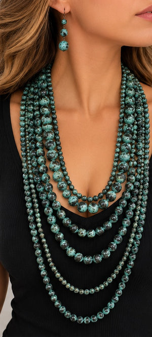 Long layered turquoise patina bead necklace and earrings worn with black top