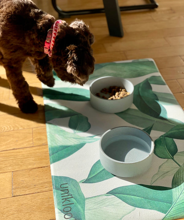 Waterproof Vegan Leather Pet Feeding Mat — Leaf Print | 28 x 16.5 in