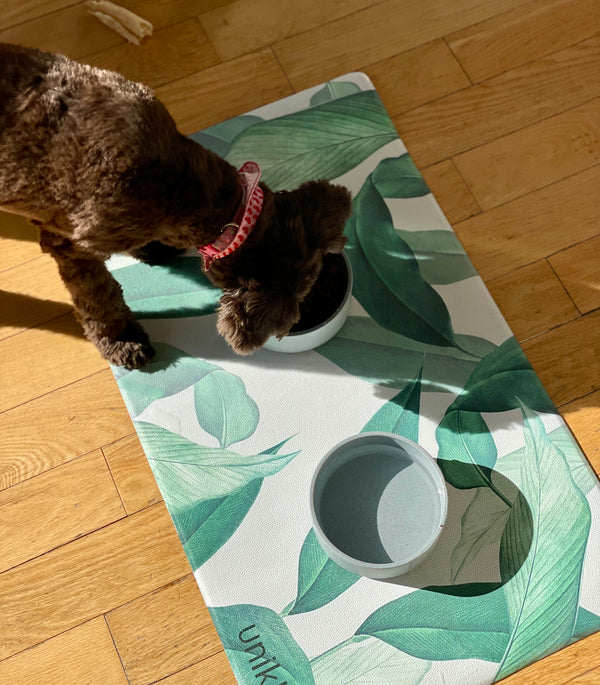 Waterproof Vegan Leather Pet Feeding Mat — Leaf Print | 28 x 16.5 in