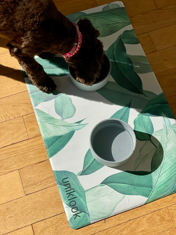 Waterproof Vegan Leather Pet Feeding Mat — Leaf Print | 28 x 16.5 in