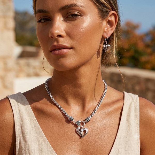Heart Charm Wheat Chain Necklace & Earrings Set