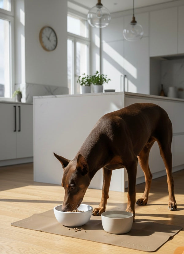 Double-Sided Vegan Leather Pet Food Mat — Tan & Gray | 30 x 16 in