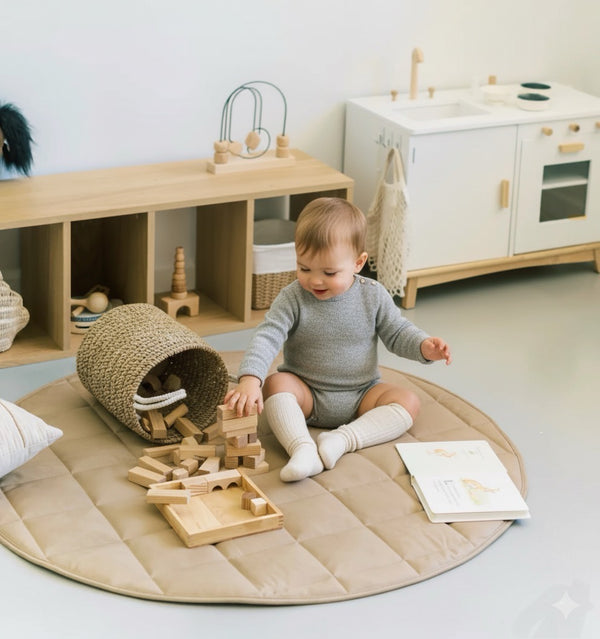 Child playing with wooden toys on a round beige mat in a playroom.