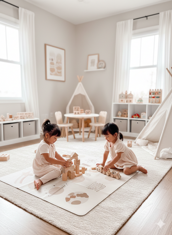 Two children playing with wooden blocks in a bright, minimalistic playroom.