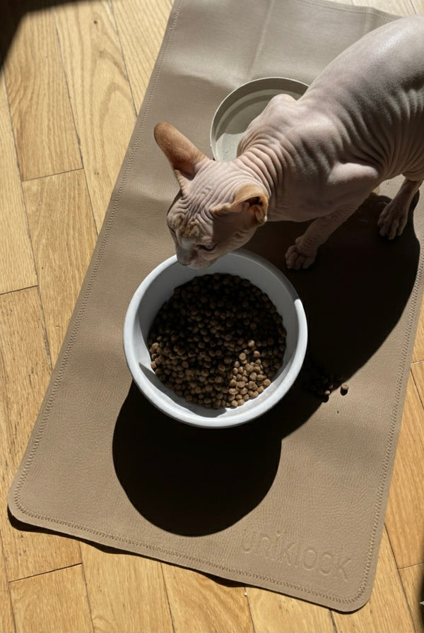 Double-Sided Vegan Leather Pet Food Mat — Tan & Gray | 30 x 16 in