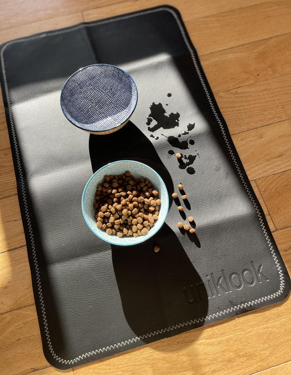Waterproof Pet Food Mat — Black & Cream | 30 x 16 in