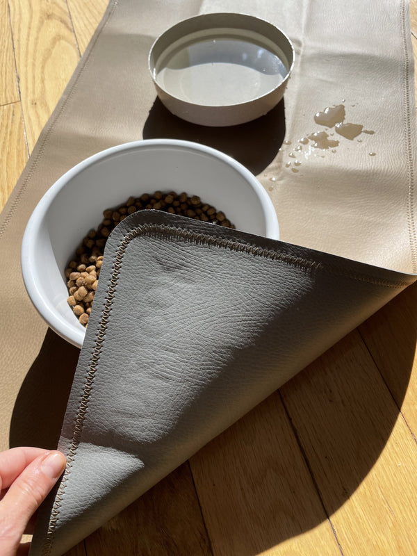 Double-Sided Vegan Leather Pet Food Mat — Tan & Gray | 30 x 16 in