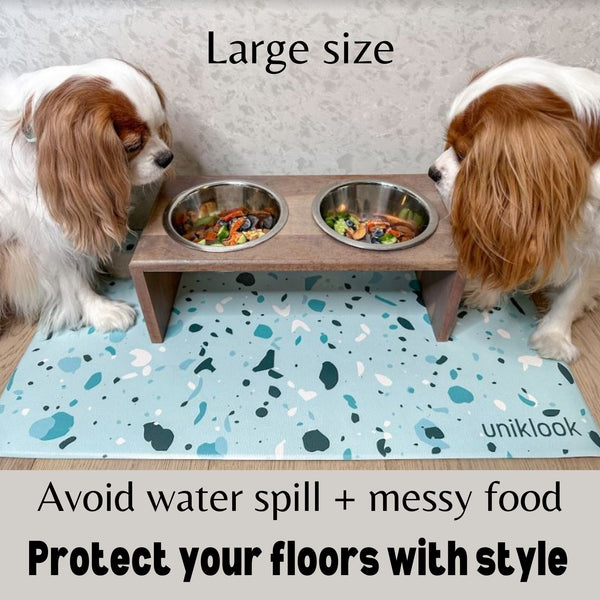 Waterproof Pet Feeding Mat — Blue Terrazzo Vegan Leather | 28 x 16.5 in