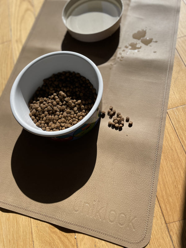 Double-Sided Vegan Leather Pet Food Mat — Tan & Gray | 30 x 16 in