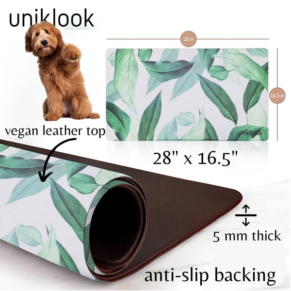 Waterproof Vegan Leather Pet Feeding Mat — Leaf Print | 28 x 16.5 in