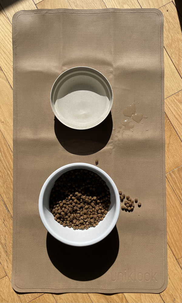 Double-Sided Vegan Leather Pet Food Mat — Tan & Gray | 30 x 16 in