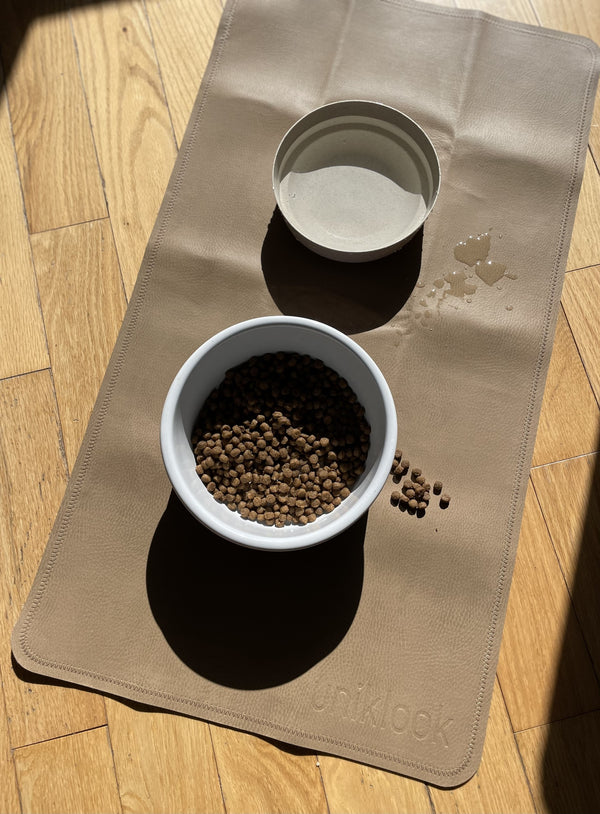Double-Sided Vegan Leather Pet Food Mat — Tan & Gray | 30 x 16 in