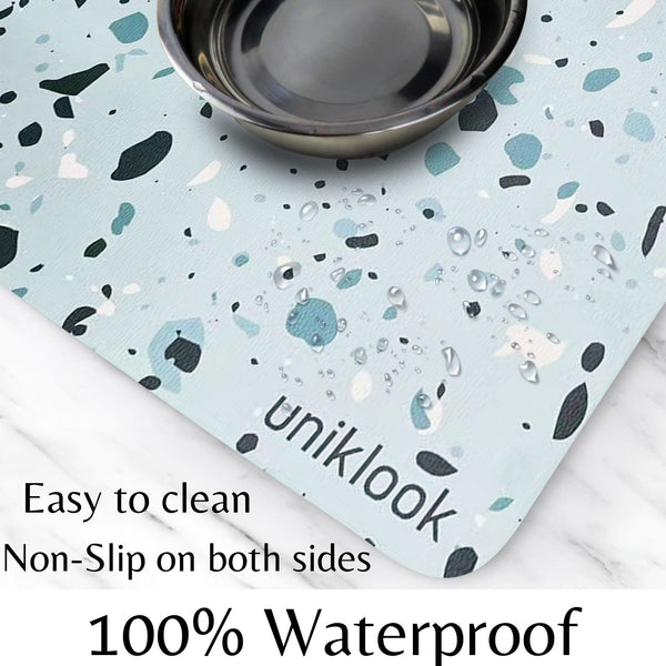Waterproof Pet Feeding Mat — Blue Terrazzo Vegan Leather | 28 x 16.5 in