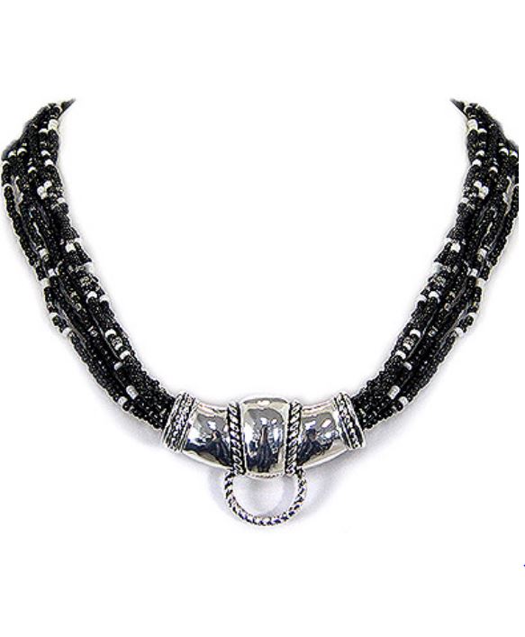Black & White Seed Bead Layered Western Necklace — Silver Tone