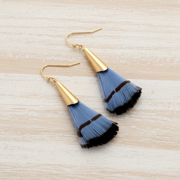 Blue & Black Feather Drop Earrings — Gold Tone