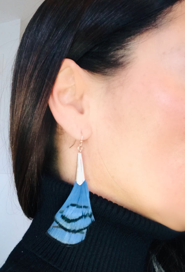 Blue & Black Feather Drop Earrings — Gold Tone