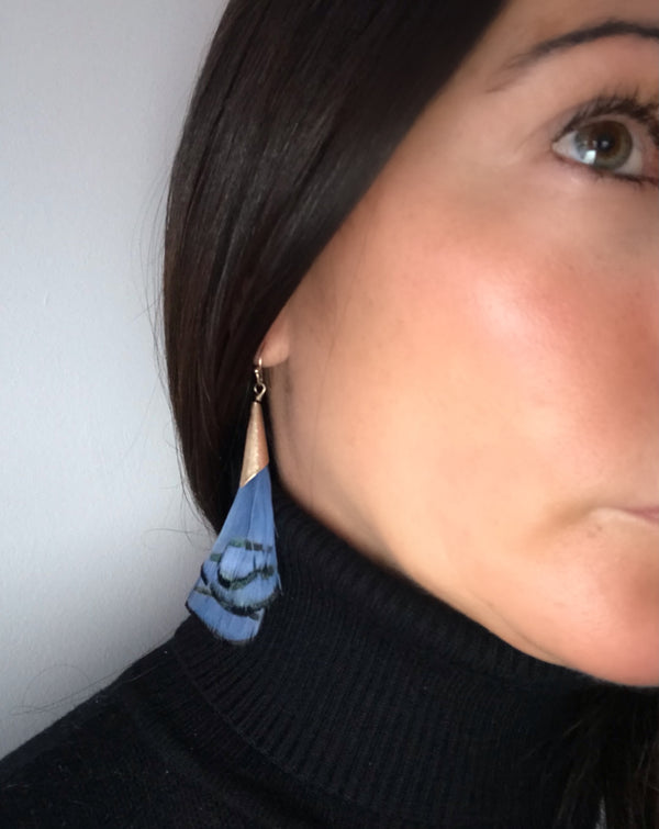 Blue & Black Feather Drop Earrings — Gold Tone