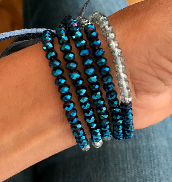 Blue Iridescent Glass Bead 5-Row Stretch Bracelet