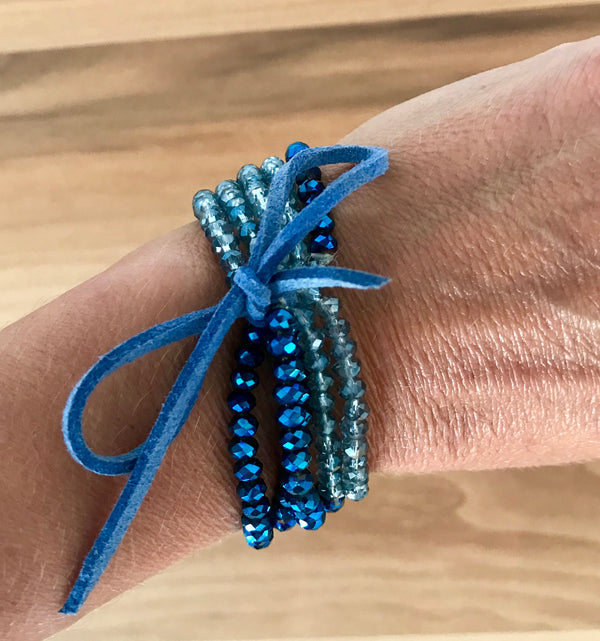 Blue Iridescent Glass Bead 5-Row Stretch Bracelet